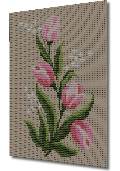 Ahşap Dekoratif Kanaviçe Işlemeli Pembe Lale Buketi Tablo Dikdörtgen Tablo modelleri