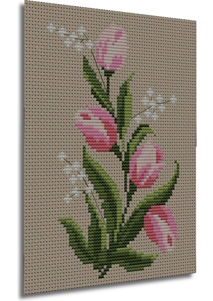 Ahşap Dekoratif Kanaviçe Işlemeli Pembe Lale Buketi Tablo Dikdörtgen Tablo fırsatları