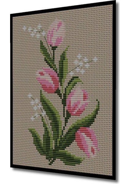 Ahşap Dekoratif Kanaviçe Işlemeli Pembe Lale Buketi Tablo Dikdörtgen Tablo indirimleri