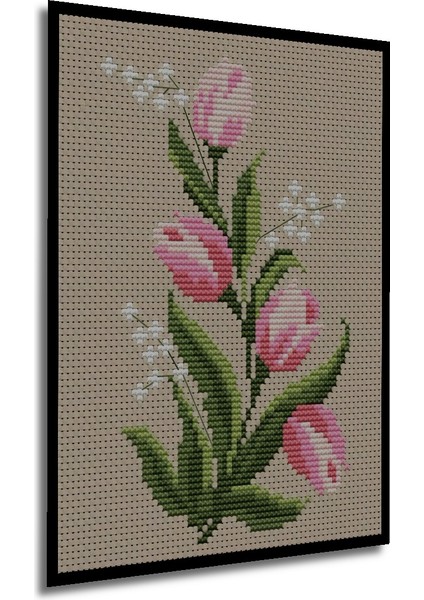 Ahşap Dekoratif Kanaviçe Işlemeli Pembe Lale Buketi Tablo Dikdörtgen Tablo