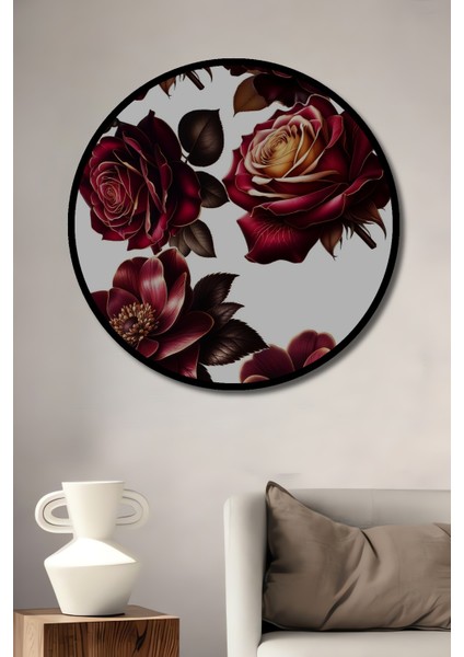 Kırmızı Gül Bahçesi Ahşap Dekoratif Tablo Yağlı Boya Görünümlü Sanat Eseri Yuvarlak Tablo fiyatları