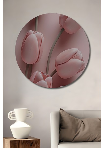 Pembe Lale Bahçesi Yağlı Boya Görünümlü Ahşap Dekoratif Tablo Yuvarlak Tablo