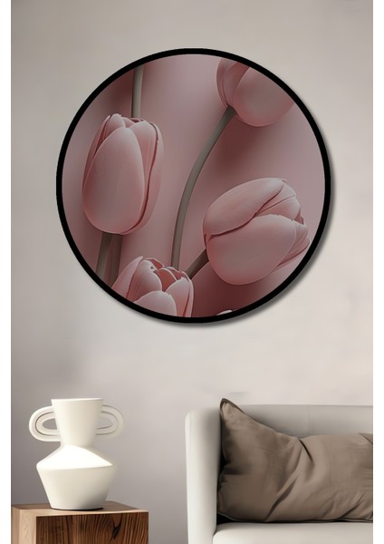 Pembe Lale Bahçesi Yağlı Boya Görünümlü Ahşap Dekoratif Tablo Yuvarlak Tablo fiyatları