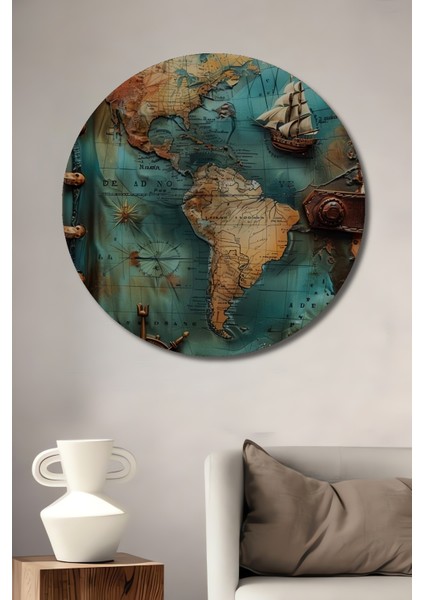 Keşifler Atlası Yağlı Boya Görünümlü Ahşap Dekoratif Tablo Yuvarlak Tablo