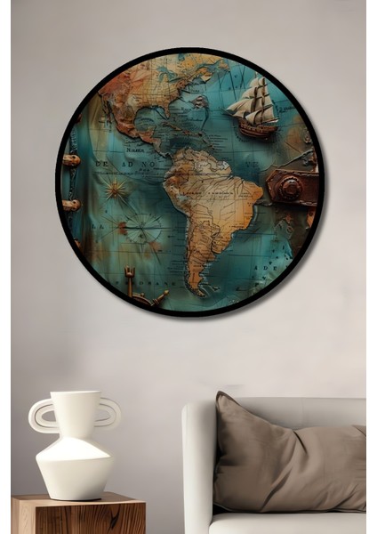 Keşifler Atlası Yağlı Boya Görünümlü Ahşap Dekoratif Tablo Yuvarlak Tablo fiyatları