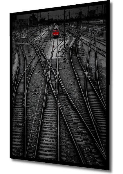 Kırmızı Trenli Kara Kalem Görünümlü Ahşap Dekoratif Tablo Dikdörtgen Tablo fırsatları