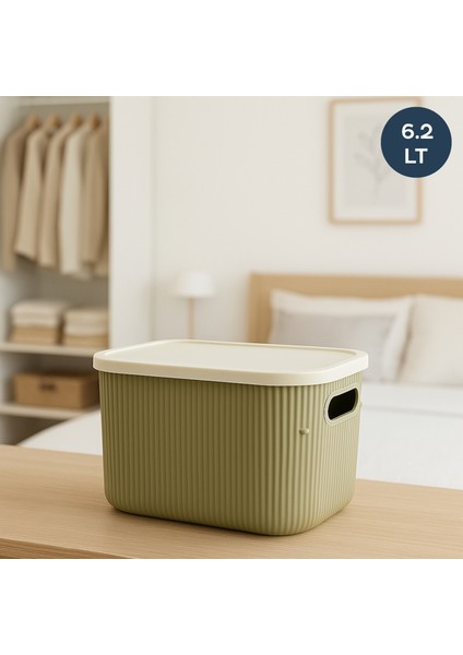 Soft Yeşil Ekru Kapaklı Çok Amaçlı Kapaklı Organizer Kutu 6.2lt
