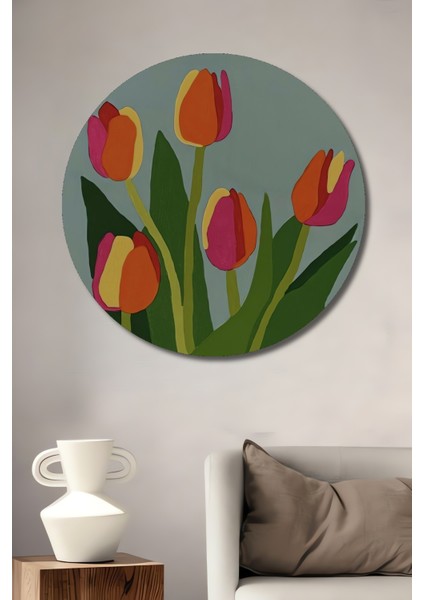Renkli Lale Çiçekleri Yağlı Boya Görünümlü Ahşap Dekoratif Tablo Yuvarlak Tablo
