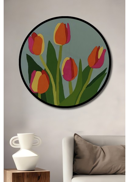 Renkli Lale Çiçekleri Yağlı Boya Görünümlü Ahşap Dekoratif Tablo Yuvarlak Tablo fiyatları
