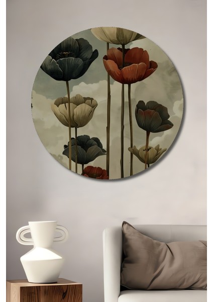 Koyu Gri ve Kırmızı Laleler Yağlı Boya Görünümlü Ahşap Dekoratif Tablo Yuvarlak Tablo
