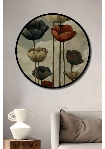 Koyu Gri ve Kırmızı Laleler Yağlı Boya Görünümlü Ahşap Dekoratif Tablo Yuvarlak Tablo fiyatları