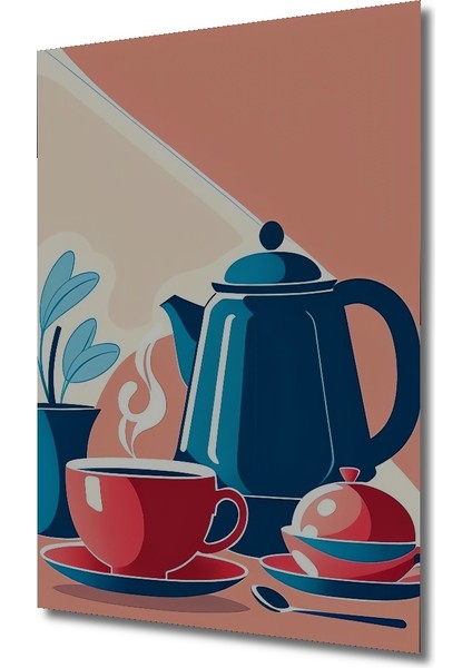 Modern Sanat Sulu Boya Görünümlü Kırmızı Fincan Mavi Semaver Ahşap Dekoratif Tablo Dikdörtgen Tablo modelleri