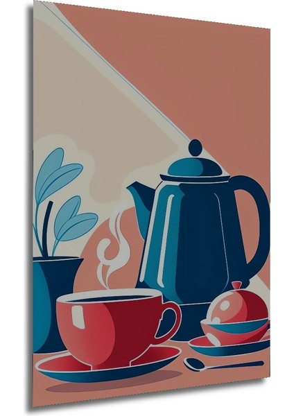 Modern Sanat Sulu Boya Görünümlü Kırmızı Fincan Mavi Semaver Ahşap Dekoratif Tablo Dikdörtgen Tablo fırsatları