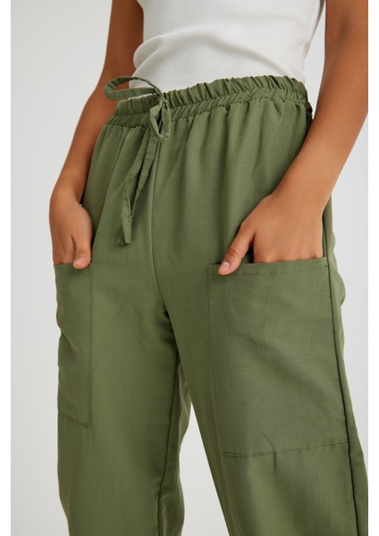 Keten Günlük Pantolon Beli Lastikli Bağcıklı
