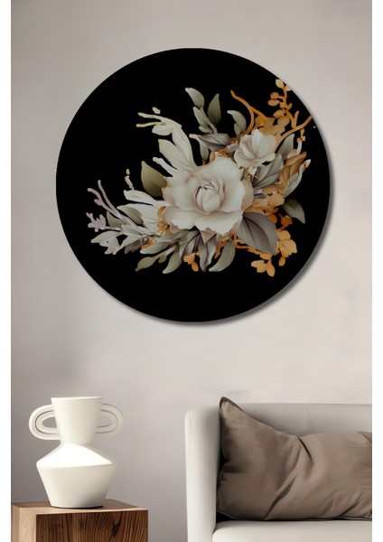 Altın Varaklı Beyaz Gül Buketi Sulu Boya Görünümlü Dekoratif Ahşap Tablo Yuvarlak Tablo