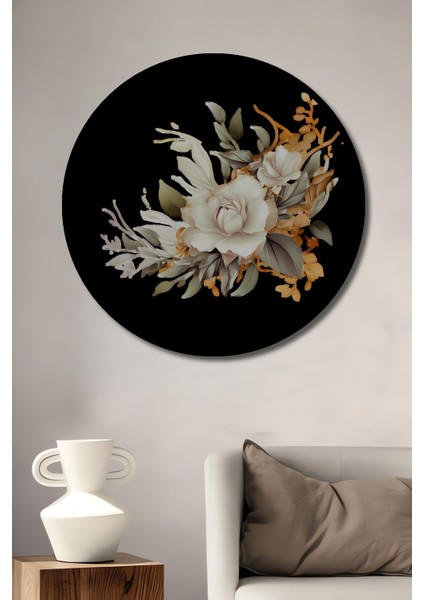 Altın Varaklı Beyaz Gül Buketi Sulu Boya Görünümlü Dekoratif Ahşap Tablo Yuvarlak Tablo fiyatları