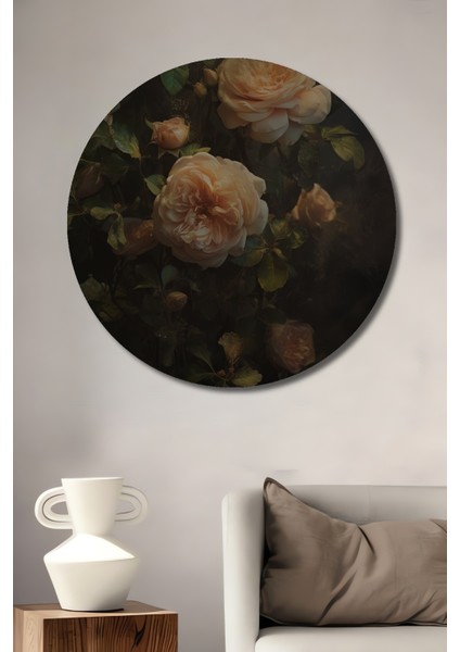 Romantik Gül Bahçesi Yağlı Boya Görünümlü Dekoratif Ahşap Tablo Yuvarlak Tablo