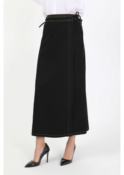 Yandan Bağlamalı Denim Etek-Siyah