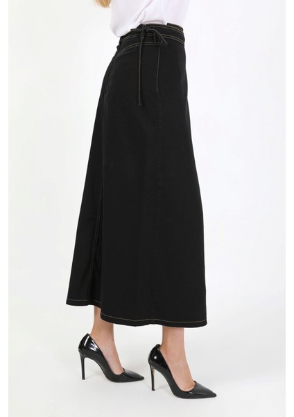 Yandan Bağlamalı Denim Etek-Siyah fırsatları