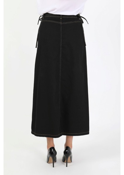 Yandan Bağlamalı Denim Etek-Siyah indirimleri