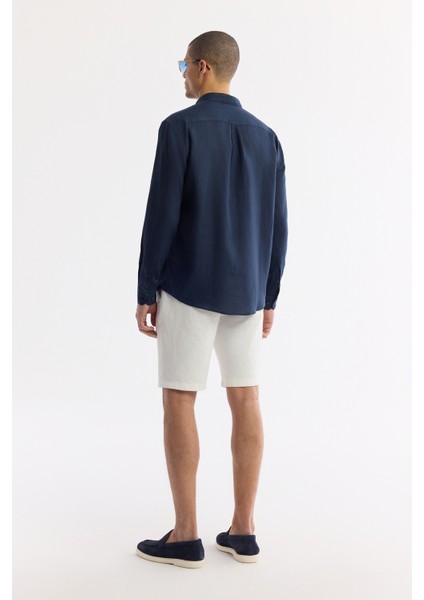 Erkek Lacivert Düğmeli Yaka %100 Keten Comfort Fit Gömlek B002191