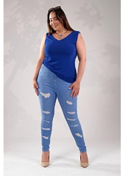 Büyük Beden Skinny Yırtık Denim Pantolon Mavi fiyatları