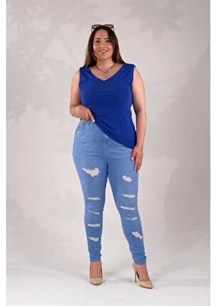 Büyük Beden Skinny Yırtık Denim Pantolon Mavi modelleri