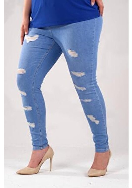 Büyük Beden Skinny Yırtık Denim Pantolon Mavi indirimleri