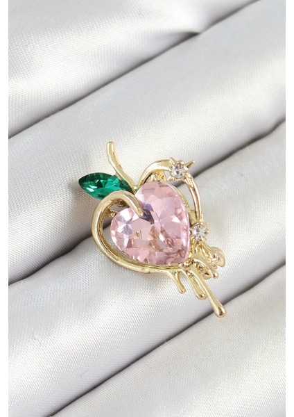 Pembe ve Yeşil Zirkon Taşlı 3D Eriyen Kalp Figürlü Gold Renk Kadın Broş