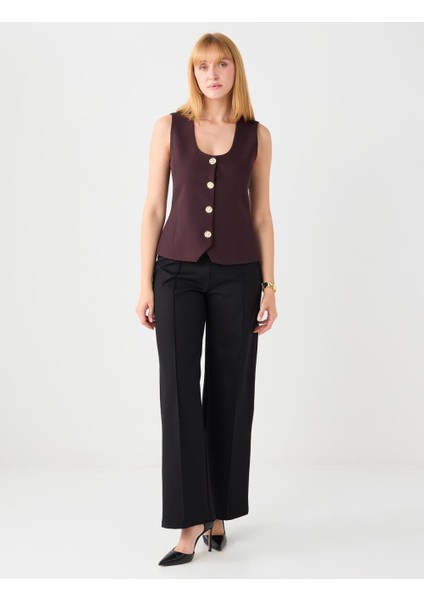 Acı Kahve Düz Kesim Düğme Detaylı Dokuma Yelek fiyatları