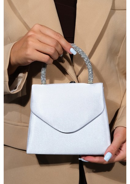Monako Gümüş Saten Taşlı Kadın El Çantası