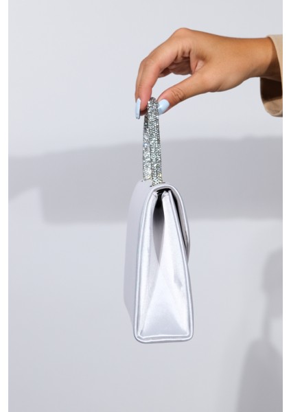 Monako Gümüş Saten Taşlı Kadın El Çantası fırsatları