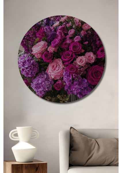 Romantik Mor ve Pembe Gül Buketi Yağlı Boya Görünümlü Dekoratif Ahşap Tablo Yuvarlak Tablo