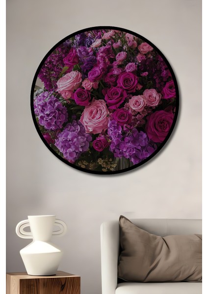 Romantik Mor ve Pembe Gül Buketi Yağlı Boya Görünümlü Dekoratif Ahşap Tablo Yuvarlak Tablo fiyatları