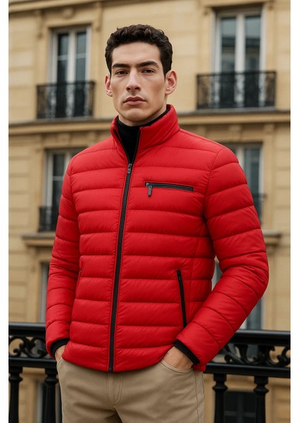 Erkek Trend Basic Dik Yaka Kışlık Kırmızı Şişme Mont