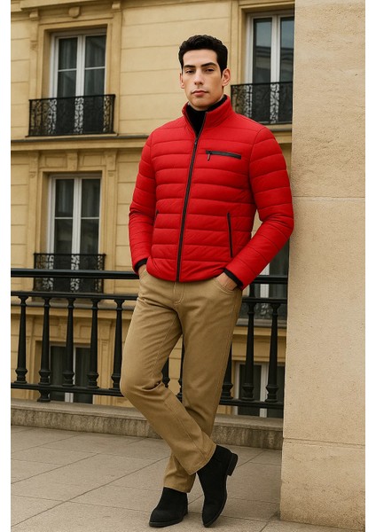 Erkek Trend Basic Dik Yaka Kışlık Kırmızı Şişme Mont modelleri