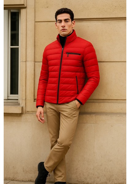 Erkek Trend Basic Dik Yaka Kışlık Kırmızı Şişme Mont fırsatları