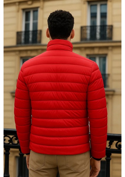 Erkek Trend Basic Dik Yaka Kışlık Kırmızı Şişme Mont