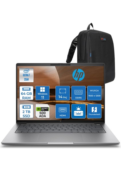 Zbook 8 G1I Ultra 7 255H 64GB Ddr5 2tb SSD 4GB/RTXA500 14" Wuxga IPS 400NITS 100% Srgb Windows 11 Pro Taşınabilir Iş Istasyonu A3ZW7ETP23 + Zettaçanta