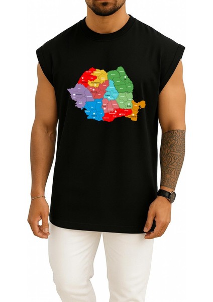 Oversize Romanya Şehirler ve Harita Göğüs Tasarımlı Atlet