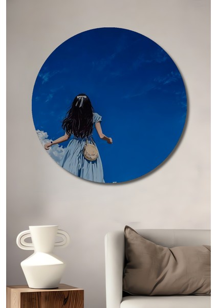 Mavi Elbiseli Kızın Gökyüzüyle Dansı Ahşap Dekoratif Tablo Yuvarlak Tablo