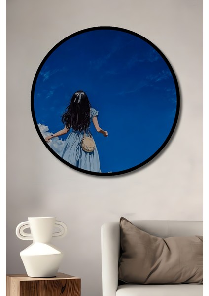 Mavi Elbiseli Kızın Gökyüzüyle Dansı Ahşap Dekoratif Tablo Yuvarlak Tablo fiyatları