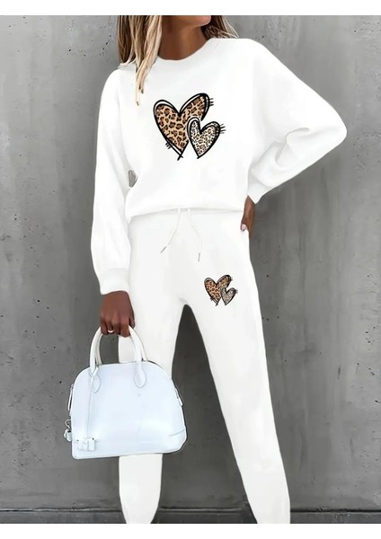 Kadın Uzun Kollu Bisiklet Yaka Kalp Desenli Şardonlu Üç Iplik Bluz ve Pantolon Ikili Takım