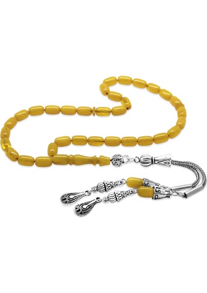Ateş Kehribar Tesbih - Kararmaz Metal Damla Püsküllü - Sarı Renk - Mini Boy - Kapsül Kesim