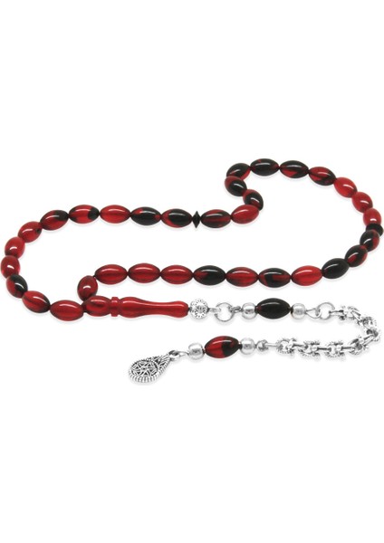 Ateş Kehribar Tesbih - Kararmaz Metal Arnavut Püsküllü - Mini Boy - Kırmızı Siyah - Arpa Kesim