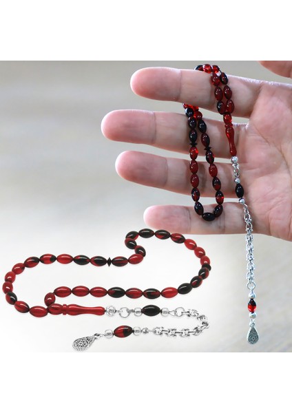 Ateş Kehribar Tesbih - Kararmaz Metal Arnavut Püsküllü - Mini Boy - Kırmızı Siyah - Arpa Kesim fiyatları