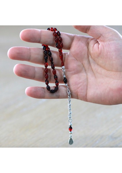 Ateş Kehribar Tesbih - Kararmaz Metal Arnavut Püsküllü - Mini Boy - Kırmızı Siyah - Arpa Kesim modelleri