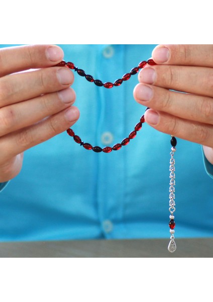 Ateş Kehribar Tesbih - Kararmaz Metal Arnavut Püsküllü - Mini Boy - Kırmızı Siyah - Arpa Kesim fırsatları