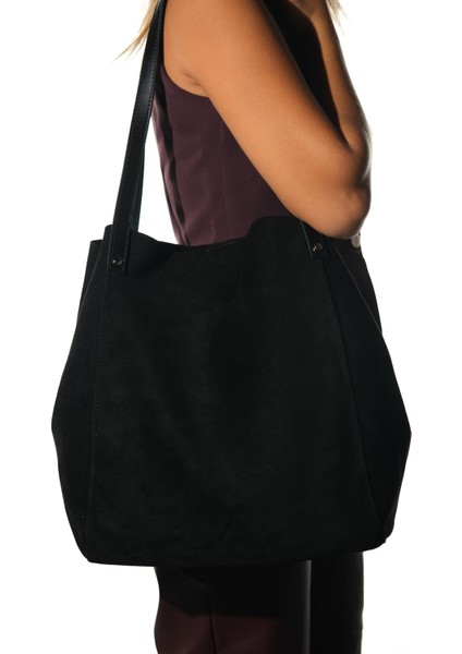 Alfred Siyah Hakiki Deri Süet Kadın Omuz Çantası