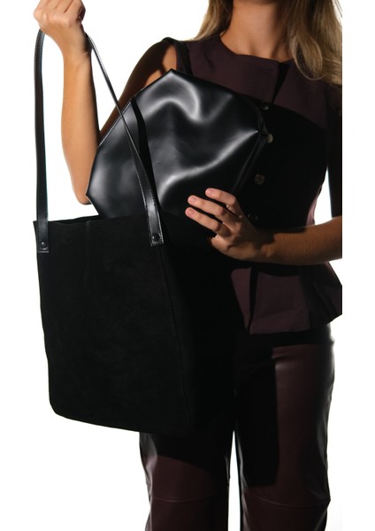 Alfred Siyah Hakiki Deri Süet Kadın Omuz Çantası modelleri